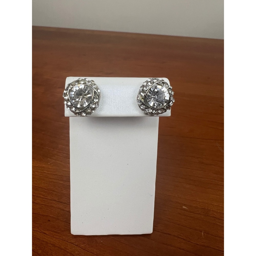 Silver Tone Clear Crystal Halo Stud Earrings Rhinestone Pave Round Sparkly